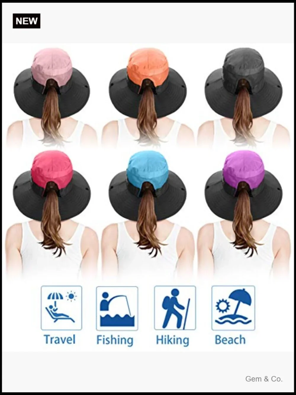 6 Packable Women's Wide Brim Sun Hats UPF 50+ Ponytail Beach Fishing Hiking